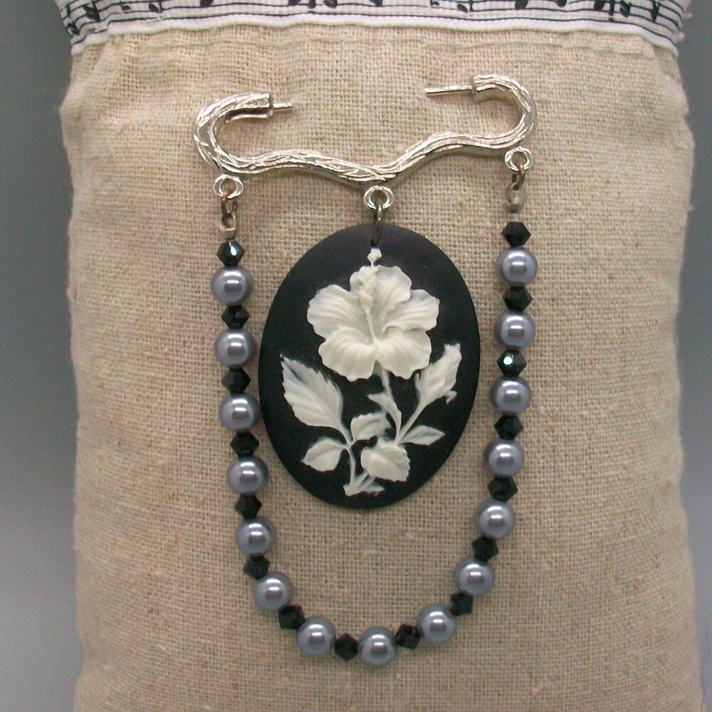 Handmade Black White Cameo Flower Pearl and Black Bead Shawl Lapel Pin